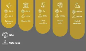 Grafika przedstawia zestawienie kosztów związanych z założeniem spółki: ogłoszenie, wpis do KRS, taksa notarialna, umowa spółki, kapitał zakładowy.