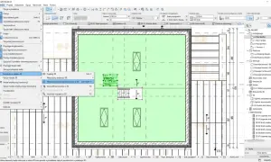 Widok planu piętra w programie ArchiCAD z zaznaczonymi wymiarami i elementami konstrukcyjnymi.