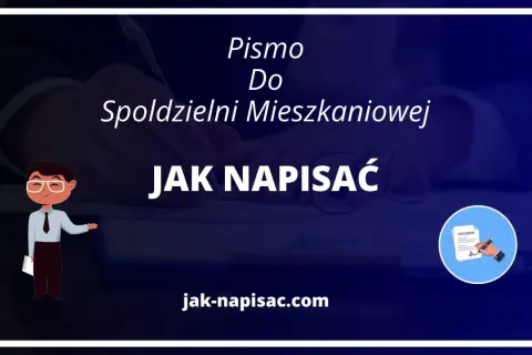 Ilustracja przedstawia postać w garniturze piszącą pismo, z tekstem "JAK NAPISAĆ" i ikoną dokumentu.