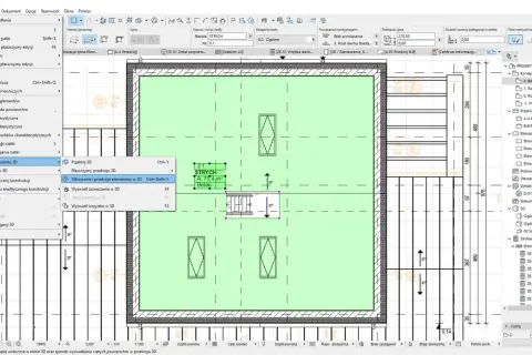 Widok planu piętra w programie ArchiCAD z zaznaczonymi wymiarami i elementami konstrukcyjnymi.