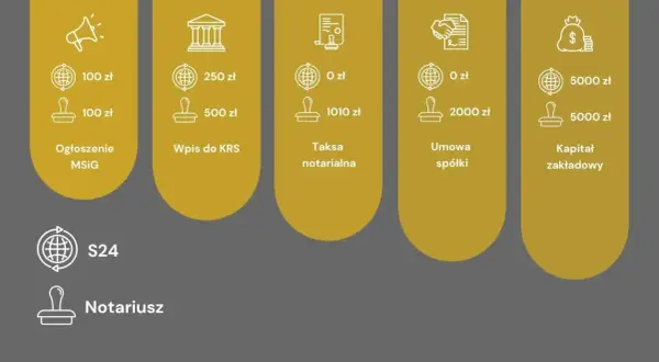 Grafika przedstawia zestawienie kosztów związanych z założeniem spółki: ogłoszenie, wpis do KRS, taksa notarialna, umowa spółki, kapitał zakładowy.