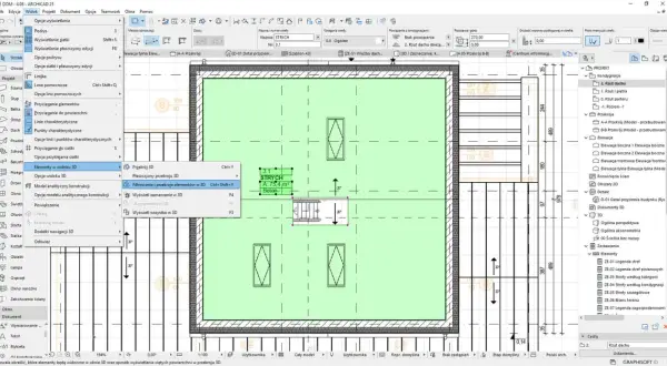 Widok planu piętra w programie ArchiCAD z zaznaczonymi wymiarami i elementami konstrukcyjnymi.