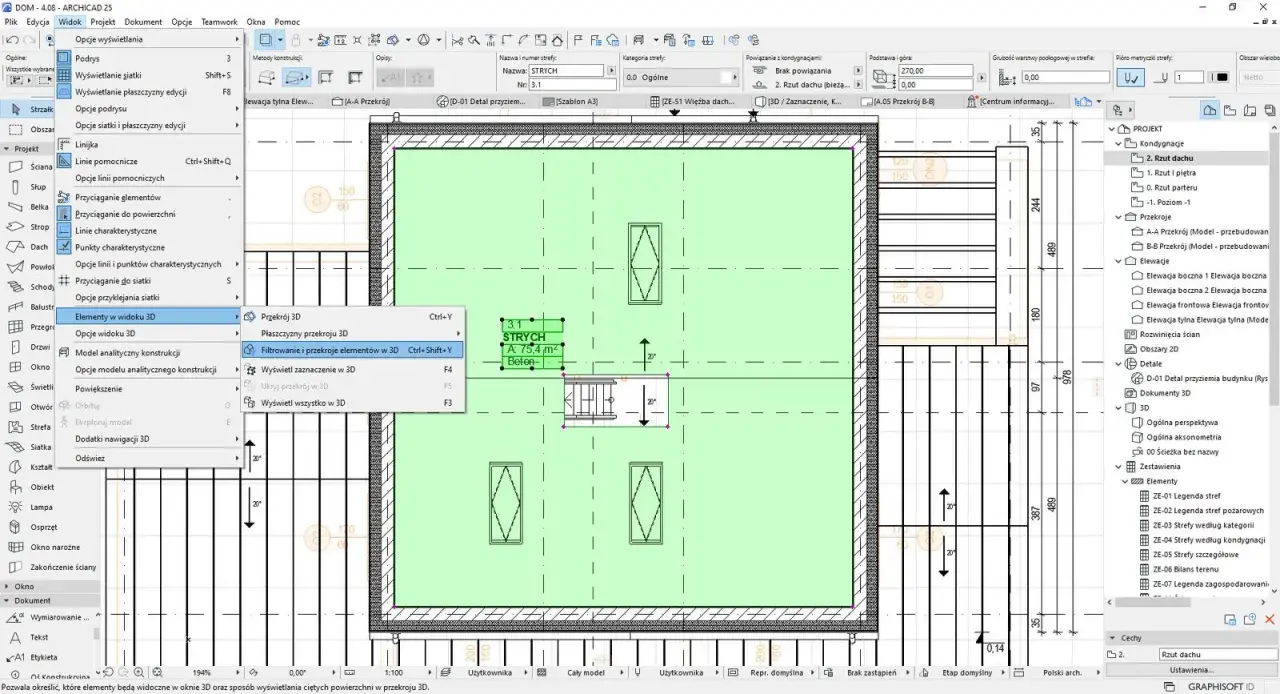 Widok planu piętra w programie ArchiCAD z zaznaczonymi wymiarami i elementami konstrukcyjnymi.