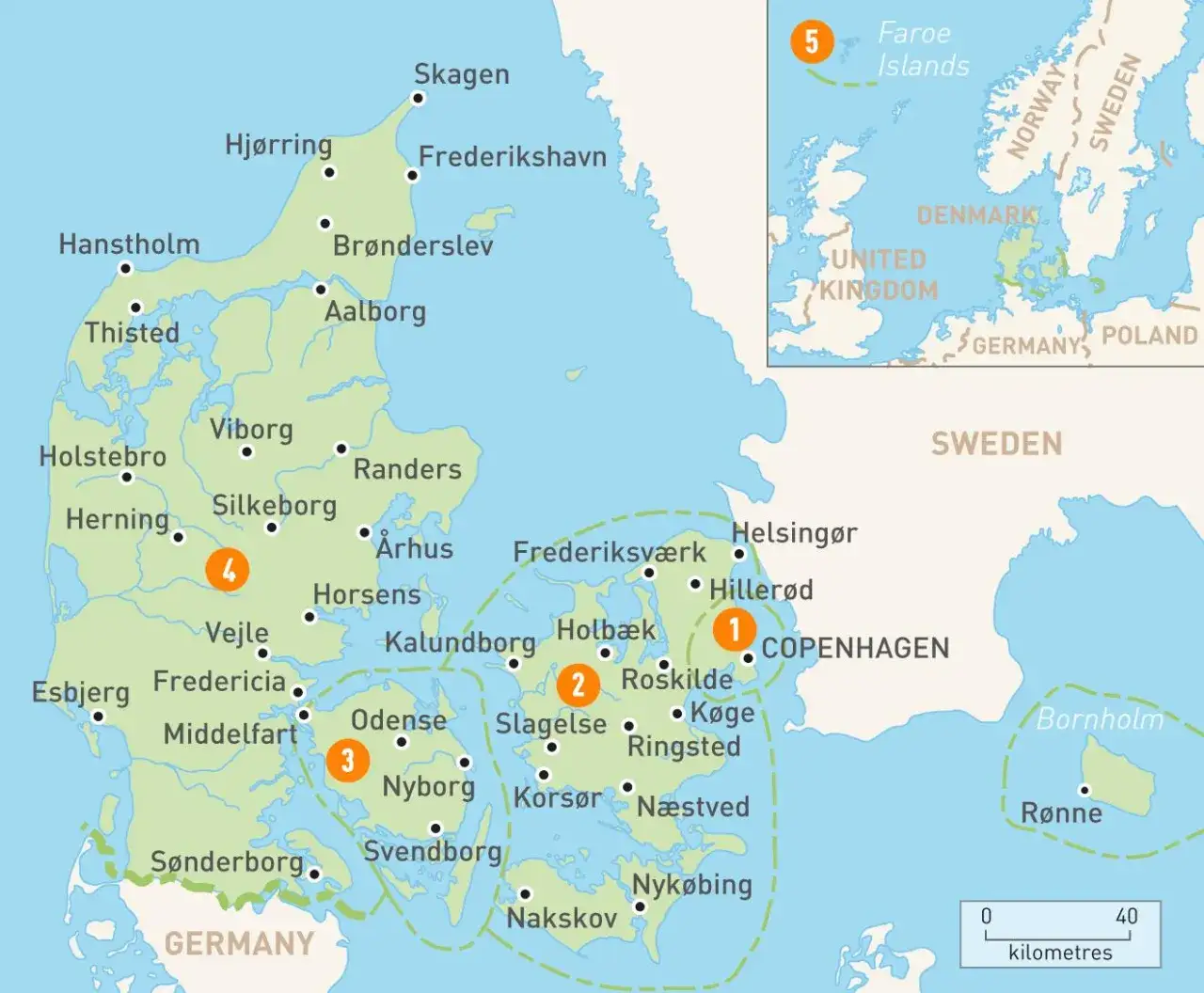 Mapa Danii z zaznaczonymi miastami i średnimi cenami wynajmu