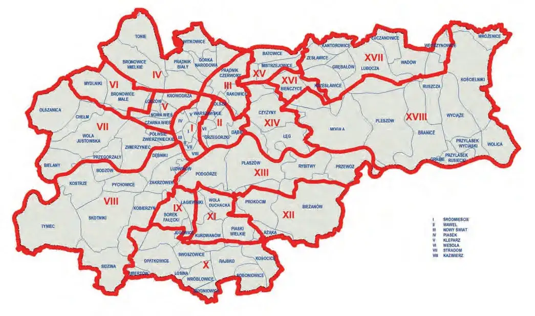 Mapa Krakowa z zaznaczonymi dzielnicami i orientacyjnymi cenami najmu